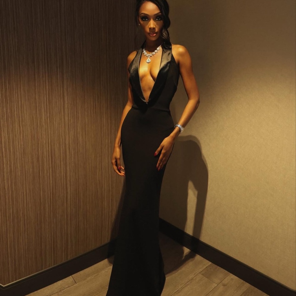 Black Plunge Gown with Satin Lapel